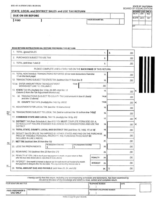 Form Boe-401-A - State, Local And District Sales And Use Tax Return - 2004 Printable pdf