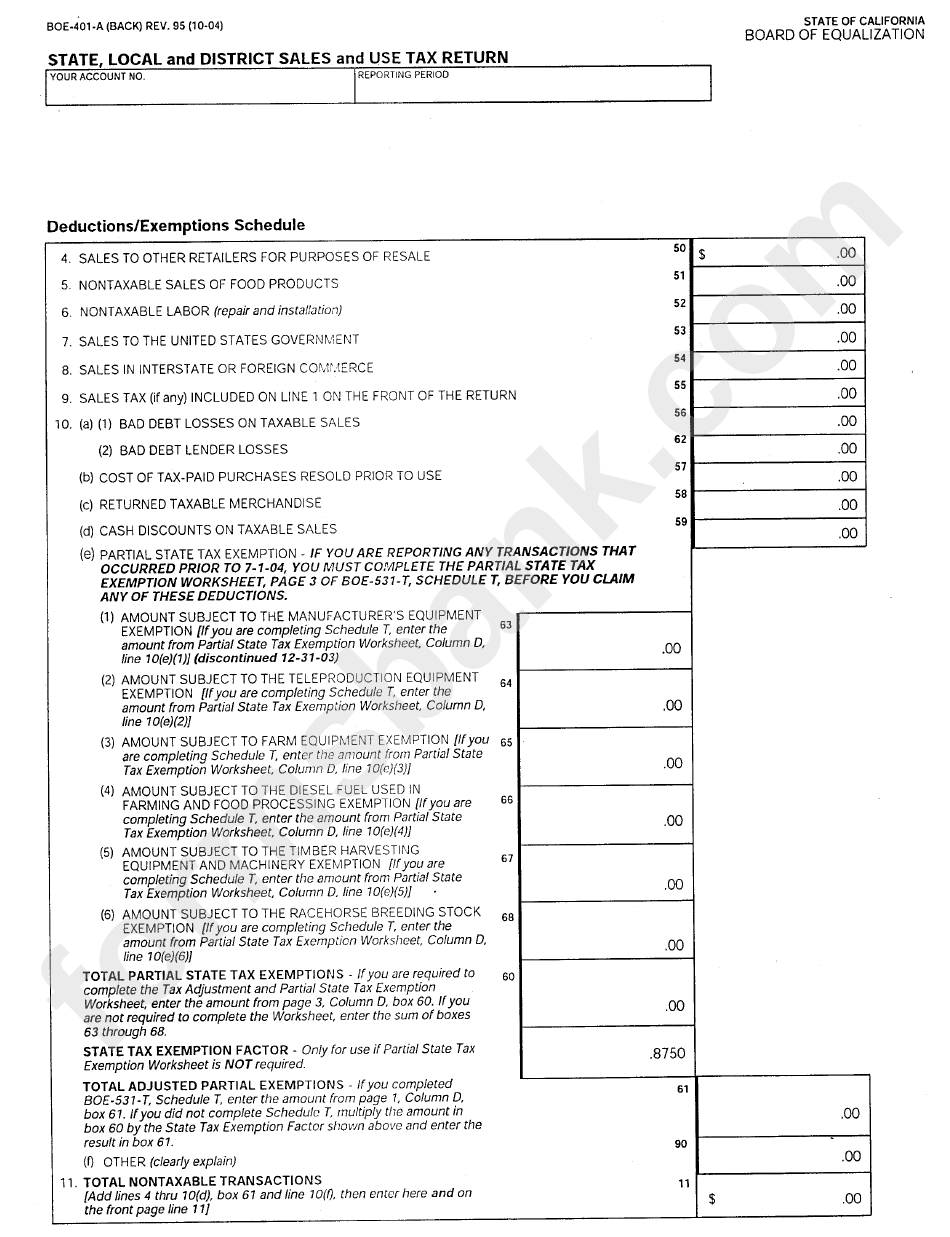 Form Boe-401-A - State, Local And District Sales And Use Tax Return - 2004