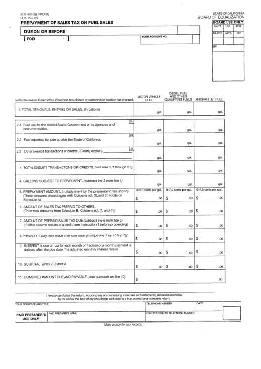 Form Boe-401-Db - Prepayment Of Sales Tax On Fuel Sales - 2003 Printable pdf
