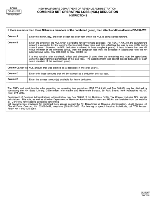 Form Dp-132-We - Instructions - Combined Net Operating Loss (Nol) Deduction Printable pdf