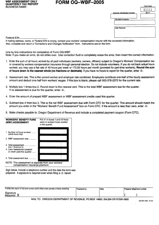 Form Oq-Wbf - Quarterly Tax Report - 2005 Printable pdf
