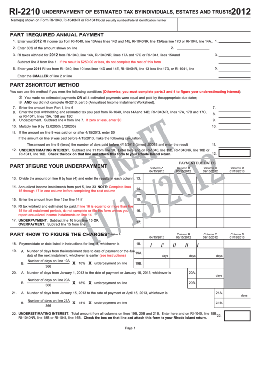Form Ri-2210 Draft - Underpayment Of Estimated Tax By Individuals, Estates And Trusts - 2012 Printable pdf