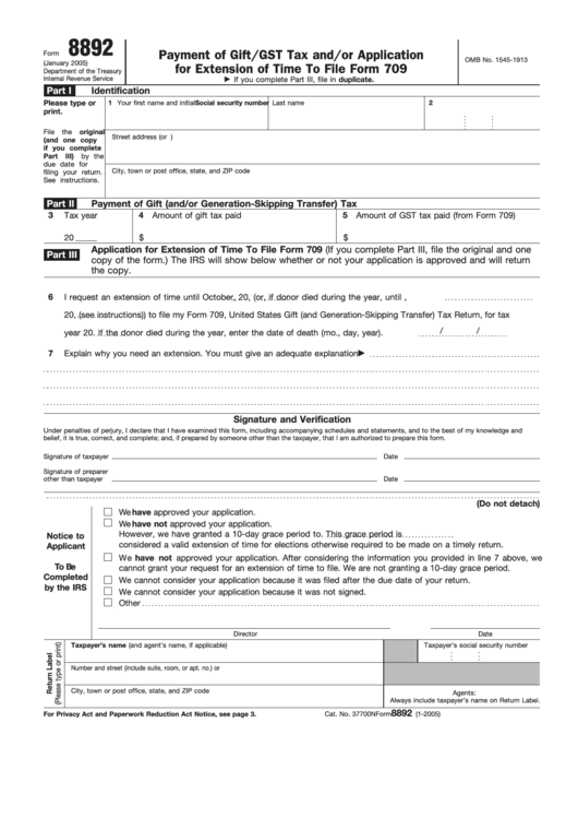Fillable Form 8892 - Payment Of Gift/gst Tax And/or Application For Extension Of Time To File Form 709 - 2005 Printable pdf