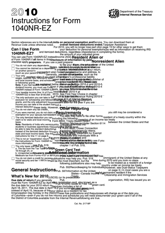 Instructions For Form 1040nr-Ez - 2010 Printable pdf