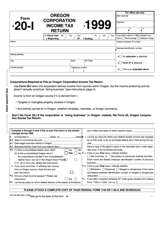 Fillable Form 20-I - Oregon Corporation Income Tax Return - 1999 Printable pdf