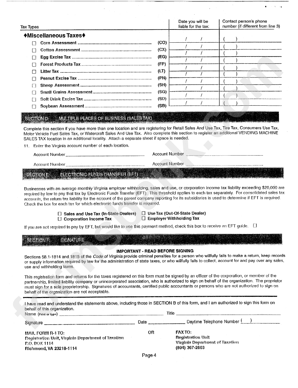 Form R-1 - Virginia Department Of Taxation Business Registration Application