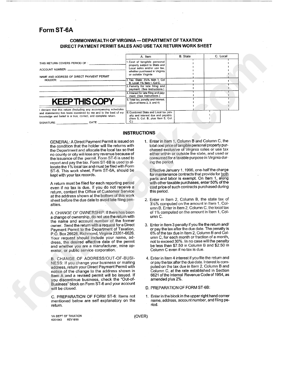 Form St-6a - Commonwealth Of Virginia Department Of Taxation Direct Payment Permit Sales And Use Tax Return Work Sheet