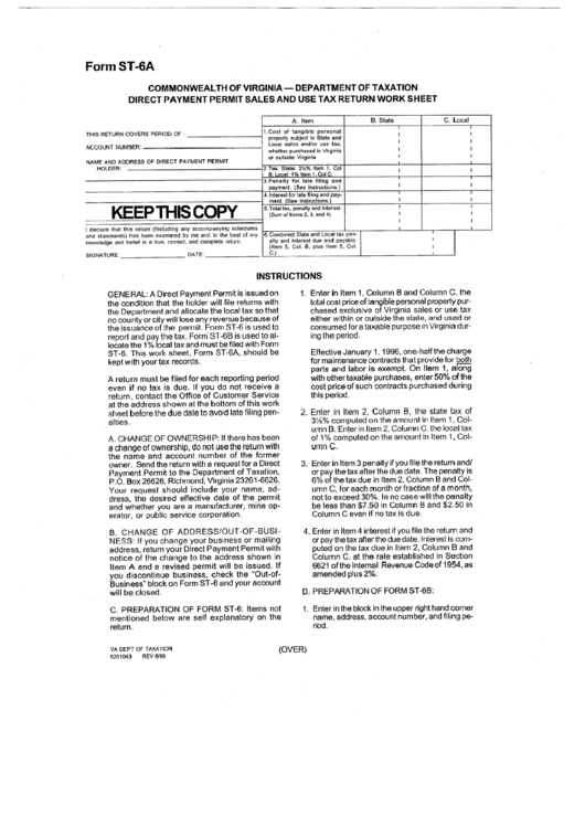 Form St-6a - Commonwealth Of Virginia Department Of Taxation Direct Payment Permit Sales And Use Tax Return Work Sheet Printable pdf