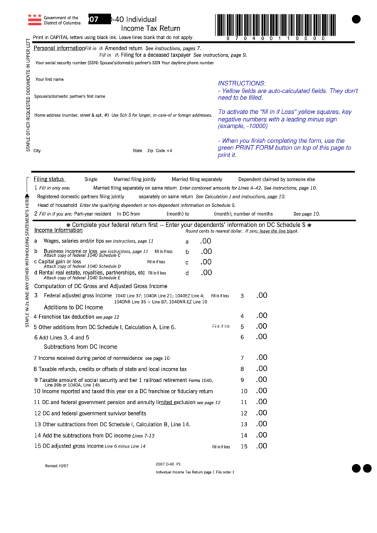 Fillable Form D-40 - Individual Income Tax Return - 2007 Printable pdf