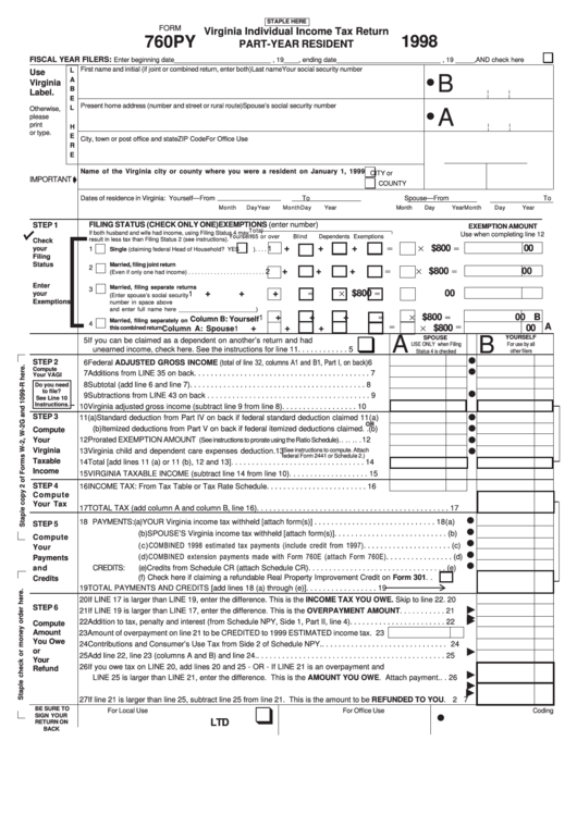 Fillable Form 760py - Virginia Individual Income Tax Return Part-Year Resident - 1998 Printable pdf