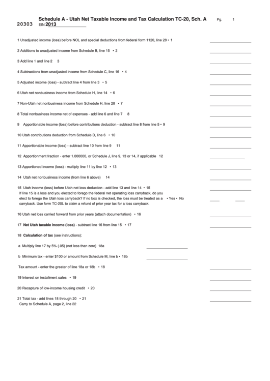 Fillable Form Tc-20 - Utah Corporation Franchise Or Income Tax Calculation - 2013 Printable pdf