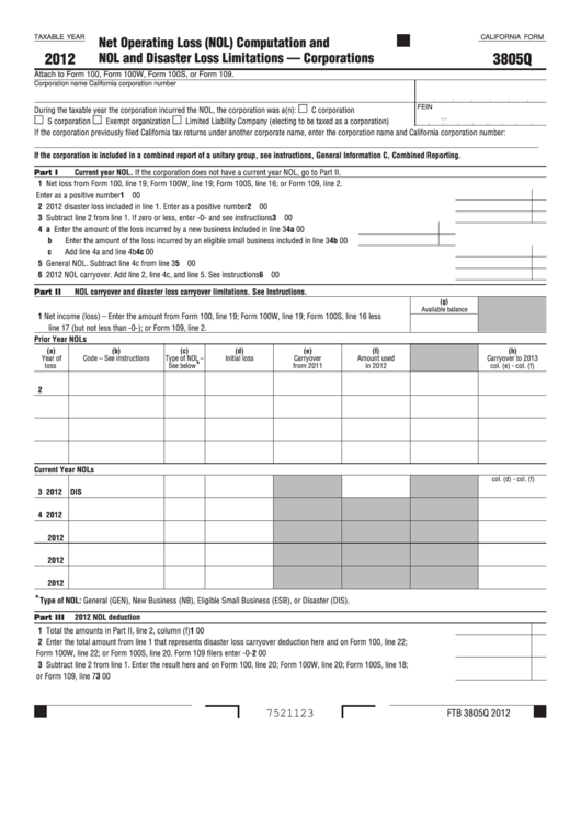 California Form 3805q - Net Operating Loss (Nol) Computation And Nol And Disaster Loss Limitations - Corporations - 2012 Printable pdf