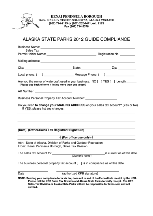 Alaska State Parks 2012 Guide Compliance - Kenai Peninsula Borough Printable pdf