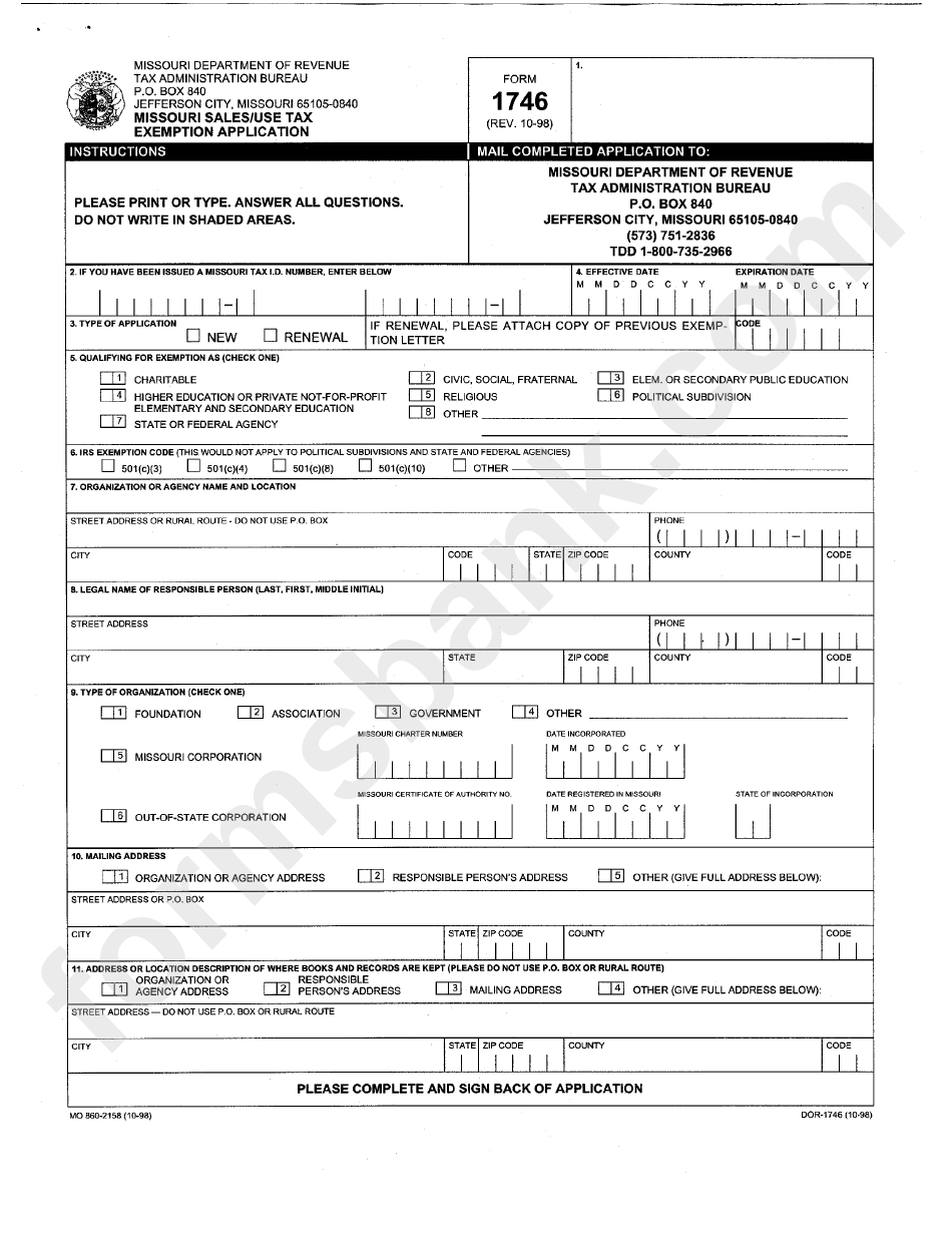 Form 1746 - Missouri Sales/tax Exemption Application