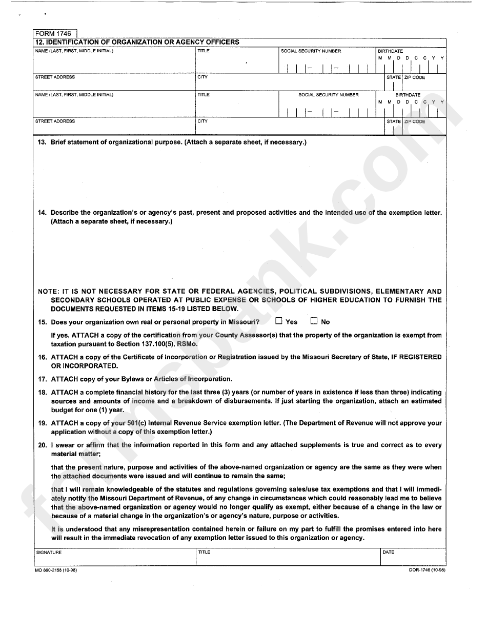 Form 1746 - Missouri Sales/tax Exemption Application