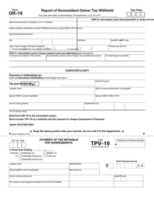 Form Or-19 - Report Of Nonresident Owner Tax Withheld/tpv-19 - Payment Of Tax Withheld For Nonresidents Printable pdf