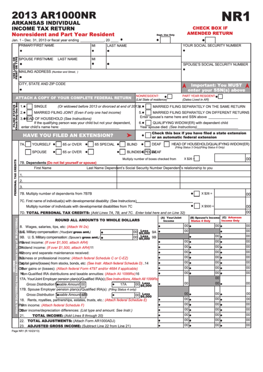 Fillable Form Ar1000nr - Arkansas Individual Income Tax Return- 2013 Printable pdf
