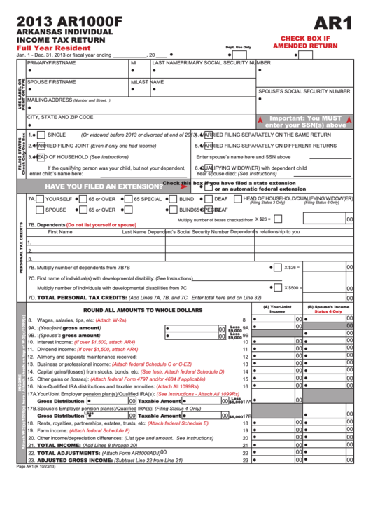 Fillable Form Ar1000f - Arkansas Individual Income Tax Return - 2013 Printable pdf