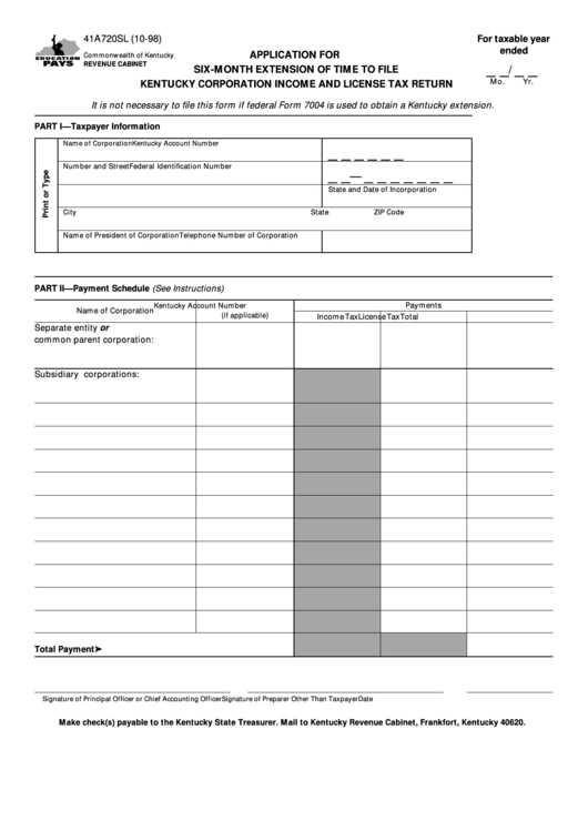 Fillable Form 41a720sl - Application For Six-Month Extension Of Time To File Kentucky Corporation Income And License Tax Return Printable pdf