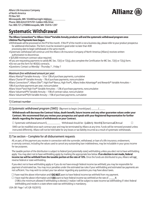 Fillable Form Usa-381 - Systematic Withdrawal - 2015 Printable pdf
