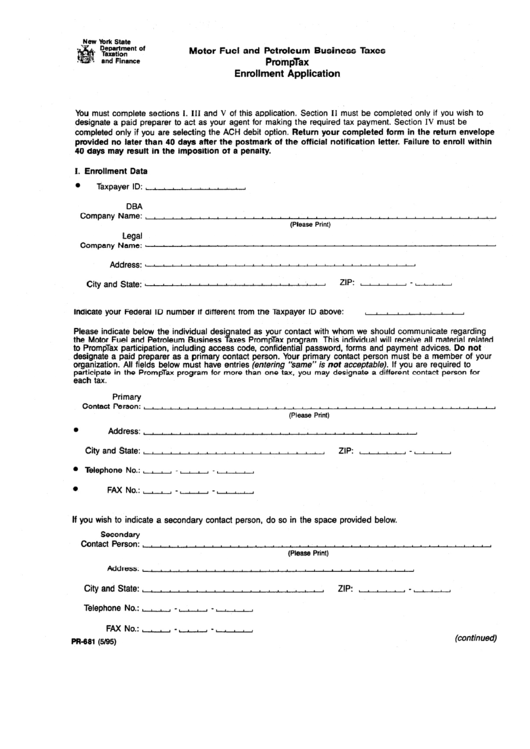 Fillable Form Pr-681 - Motor Fuel And Petroleum Business Taxes Promptax Enrollment Aplication - 1995 Printable pdf