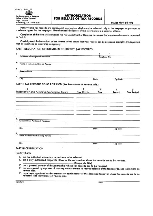 Fillable Form Rev-467 Le - Autorization For Release Of Tax Records Printable pdf