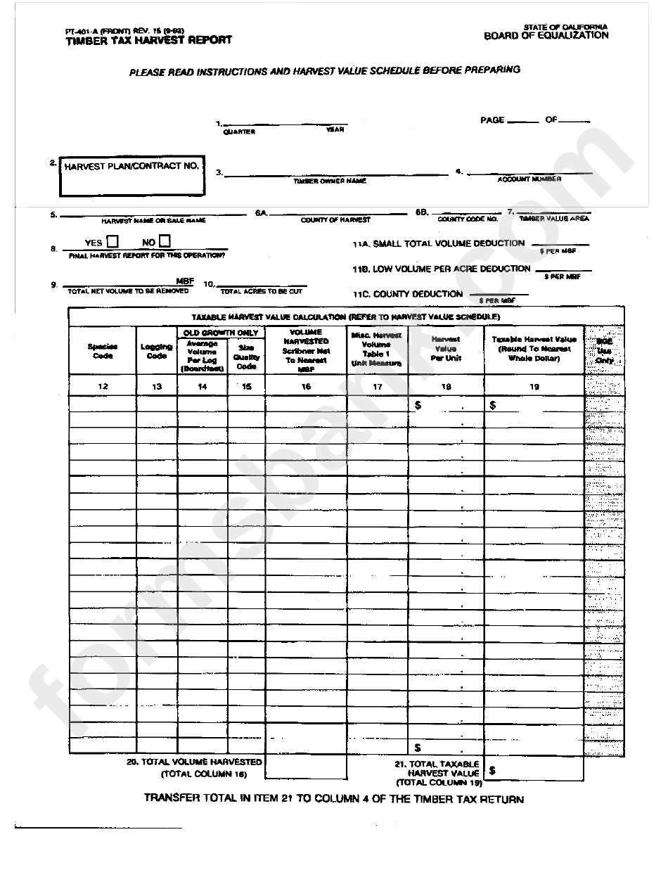 Form Pt-401-A - Timber Tax Harvest Report - California Board Of Equalization