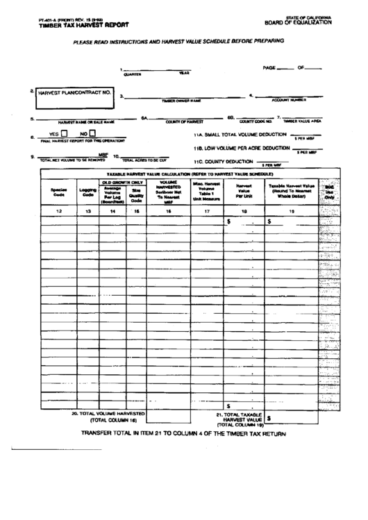 Form Pt-401-A - Timber Tax Harvest Report - California Board Of Equalization Printable pdf