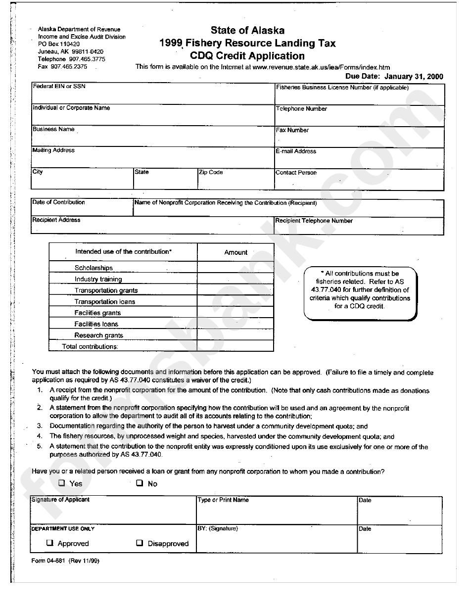 Form 04-681 - Fishery Resource Landing Tax Cdq Credit Application - Alaska Department Of Revenue - 1999