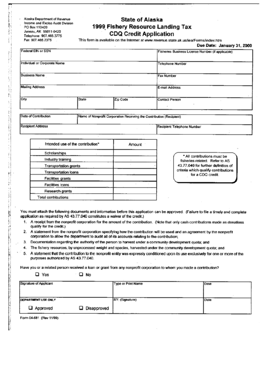 Form 04-681 - Fishery Resource Landing Tax Cdq Credit Application - Alaska Department Of Revenue - 1999 Printable pdf