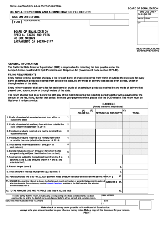 Fillable Form Boe-501-Oa - Oil Spill Prevention And Administration Fee Return - 2014 Printable pdf