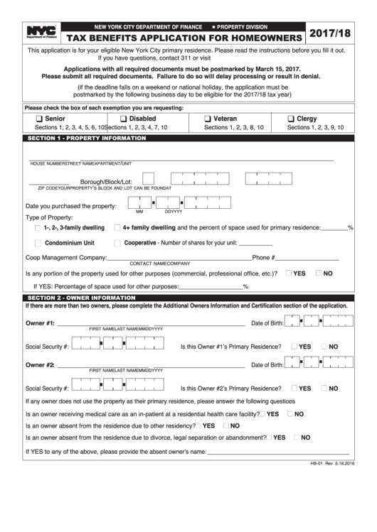 2017/18 Tax Benefits Application For Homeowners - New York City Department Of Finance Printable pdf