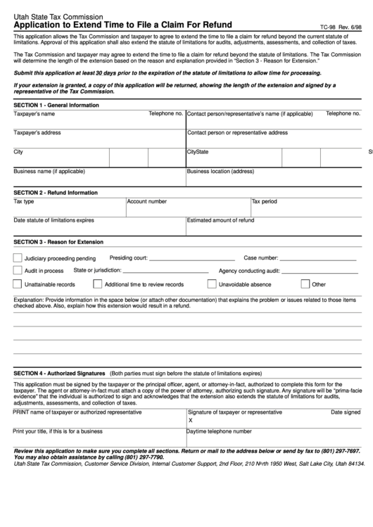 Fillable Form Tc-98 - Application To Extend Time To File A Claim For Refund Printable pdf