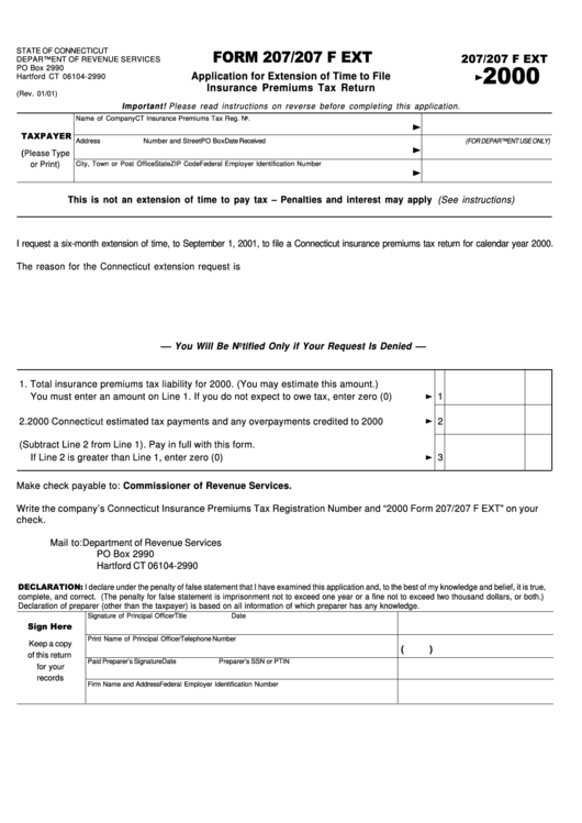 Form 207/207 F Ext - Application For Extension Of Time To File Insurance Premiums Tax Return January 2001 Printable pdf