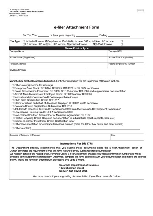 Form Dr 1778 - E-Filer Attachment Form Printable pdf