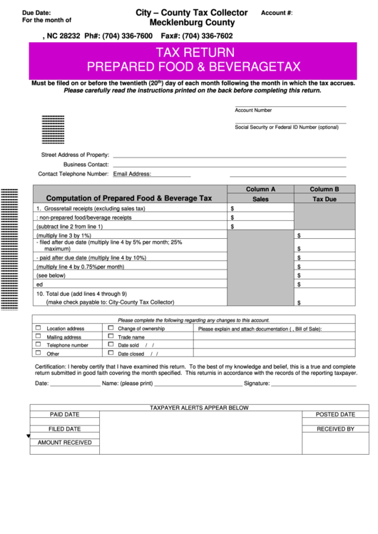 Tax Return Prepared Food & Beverage Tax - Mecklenburg County - 2013 Printable pdf
