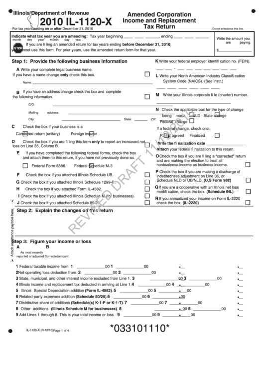 Form Il-1120-X Draft - Amended Corporation Income And Replacement Tax Return - 2010 Printable pdf