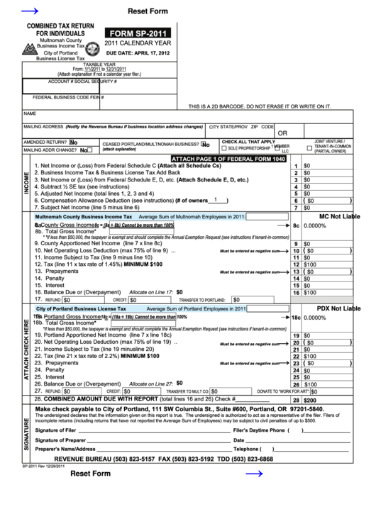 Fillable Form Sp-2011 - Combined Tax Return For Individuals - 2011 Printable pdf