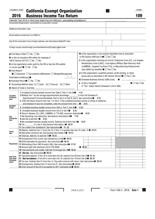 Fillable Form 109 - California Exempt Organization Business Income Tax Return - 2016 Printable pdf
