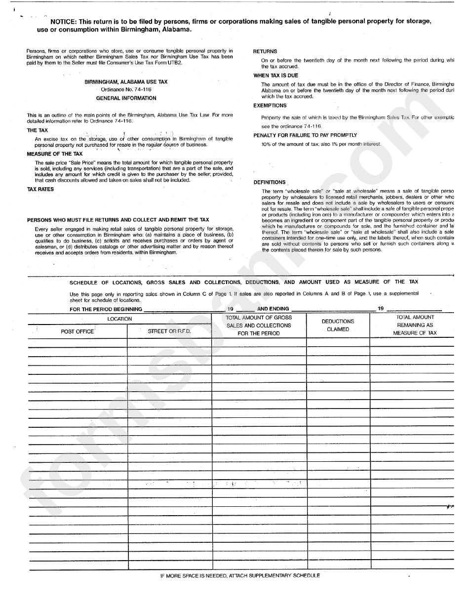 Form Utb2  Birmingham, Alabama Use Tax printable pdf download
