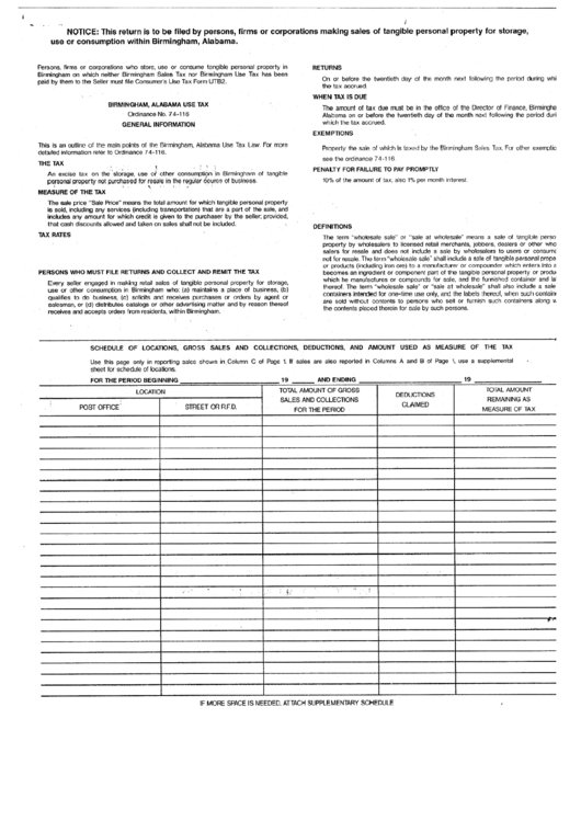 Form Utb2 - Birmingham, Alabama Use Tax Printable pdf