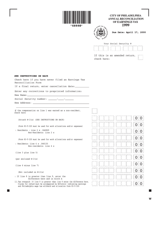 Form For Annual Reconciliation Of Earnings Tax - City Of Philadelphia, Pennsylvania - 1999 Printable pdf