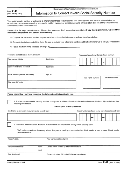 Form 4149 - Information To Correct Invalid Social Security Number January 1993 Printable pdf