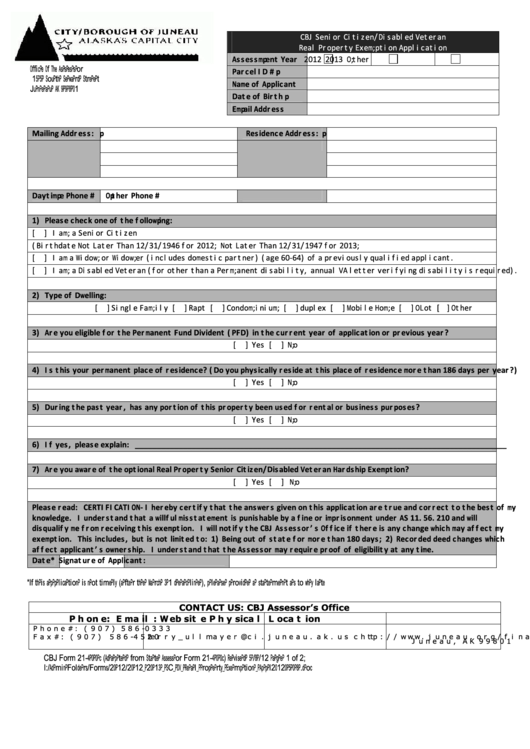 Fillable Form 21-400c - Cbj Senior Citizen/disabled Veteran Real Property Exemption Application-City/borough Of Juneau Printable pdf