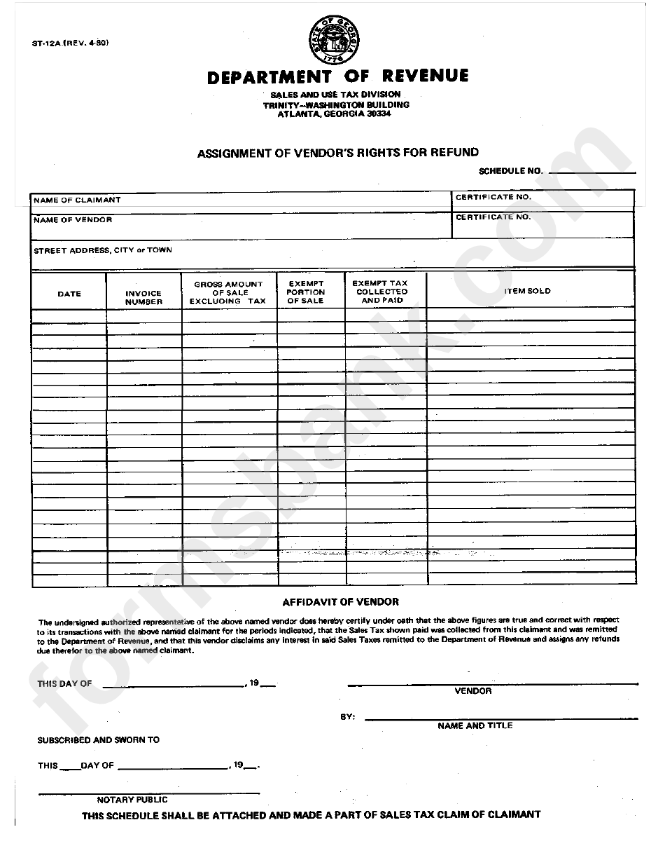 Form St-12a - Assignment Of Vendor