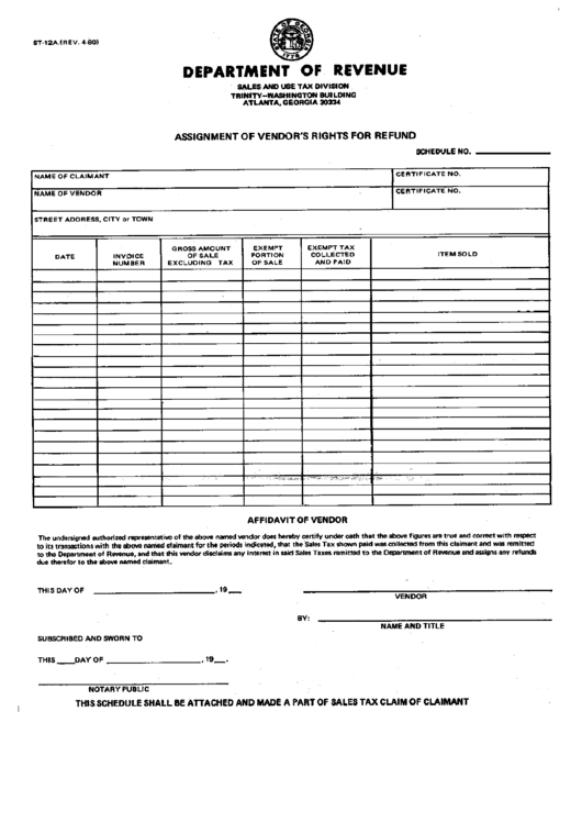 Form St-12a - Assignment Of Vendor