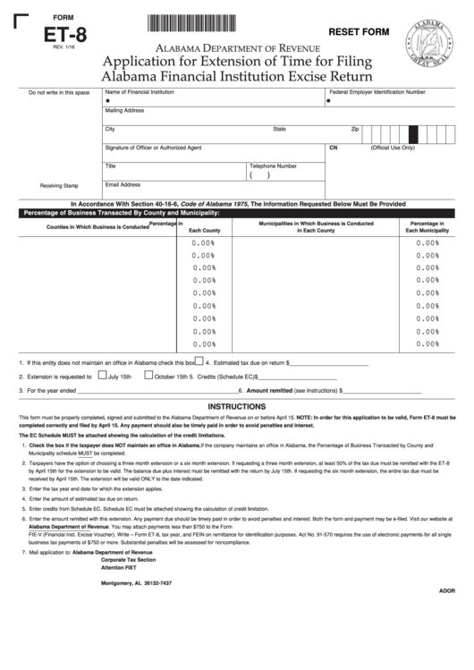 Fillable Form Et-8 - Application For Extension Of Time For Filing Alabama Financial Institution Excise Return - 2016 Printable pdf