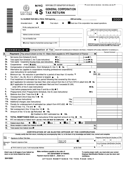 Form Nyc-4s - General Corporation Tax Return - 2000 Printable pdf