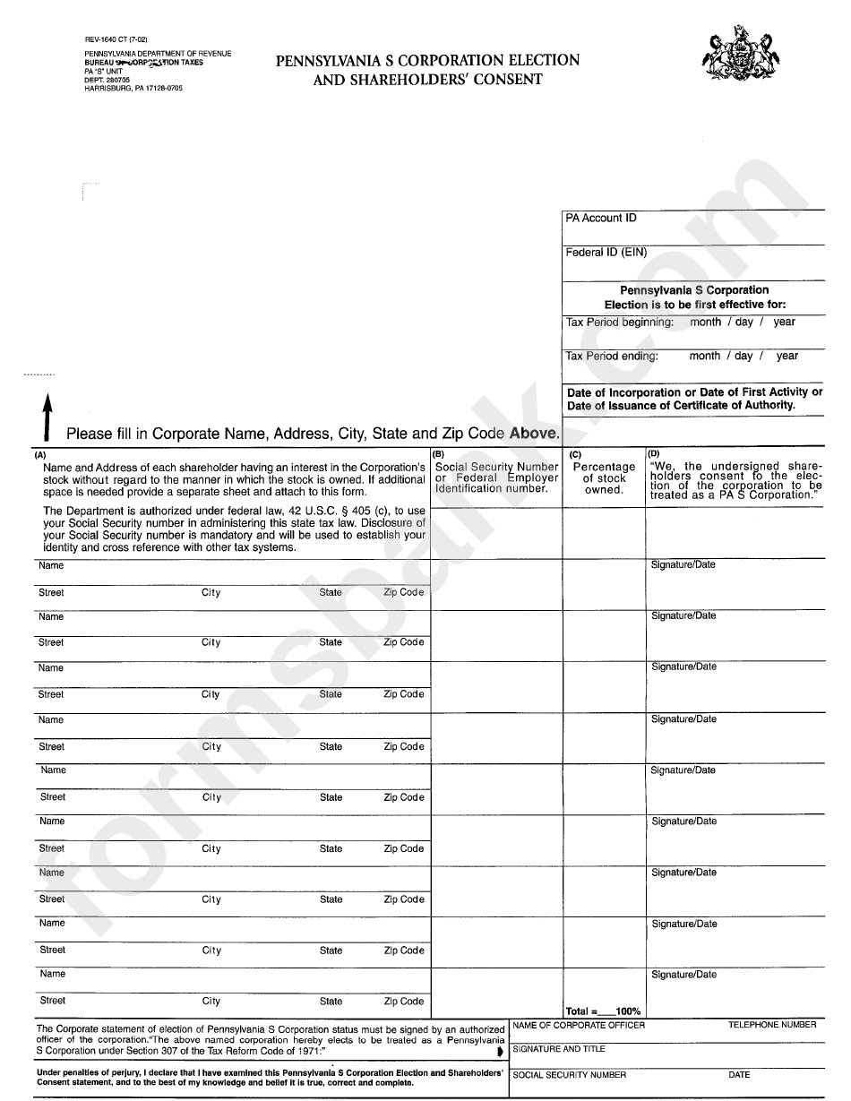 Form Rev-1640 Ct - Pennsylvania S Corporation Election And Shareholder