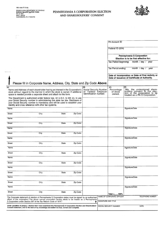 Form Rev-1640 Ct - Pennsylvania S Corporation Election And Shareholder